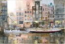 Decorative image of Amsterdam. Contemporary painting. Streets of Amsterdam. Ships in Holland in the canals of Amsterdam. 